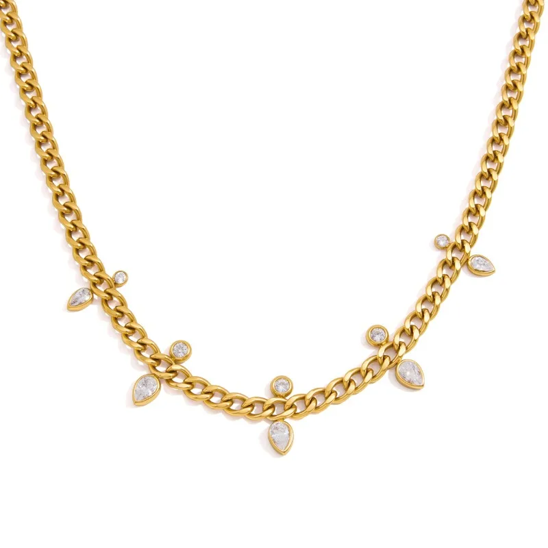 Minar Punk CZ Cubic Zirconia Chunky Cuban Chains Link Necklaces for Women 18K Gold PVD Plated Titanium Steel Waterproof Choker