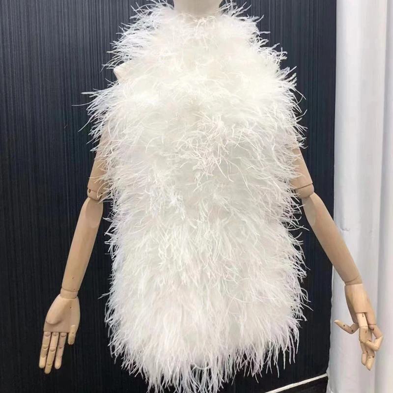 Nueva falda de pelo de avestruz 100% natural, longitud de 70 cm, diseño sin espalda, vestido de piel de avestruz real sexy para mujer, sujetador, abrigo de piel auténtica