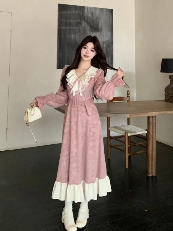 

plus Size Women's Long Sve V-Ne Dr Pink Lace Trim Waist-Cinching Floor-Length Gown Commute Sle High Waist Fce