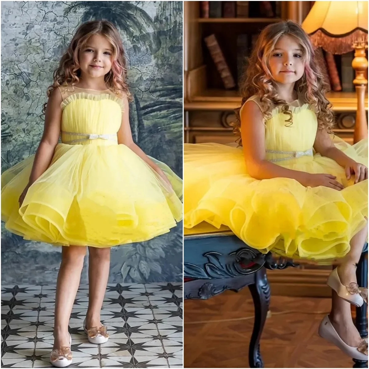 Yellow Flower Girl Dresses Pageant Gown for Wedding Puffy Knee Length Sleeveless Birthday Party Lovely First Communion Gowns