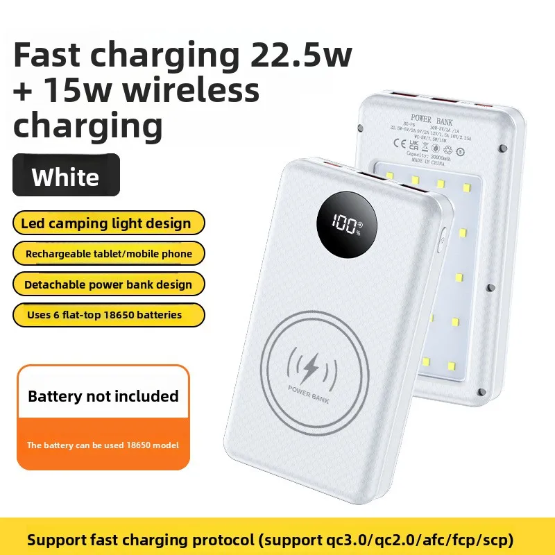 Detachable 10W 22.5W Fast Charge Power Bank Case Type-C Input 6*18650 Battery 15W Wireless Charger DIY Powerbank Box With Light