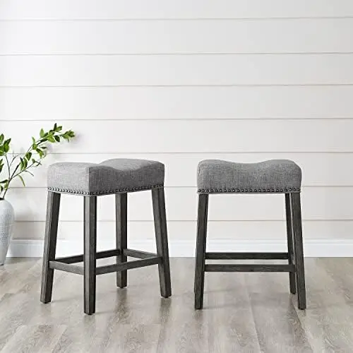 

JOMA Coco Upholstered Backless Seat Counter Stools 25.5" Height Set of 2, White-Wash Finish, Light Gray Fabric Shoe bench Cow