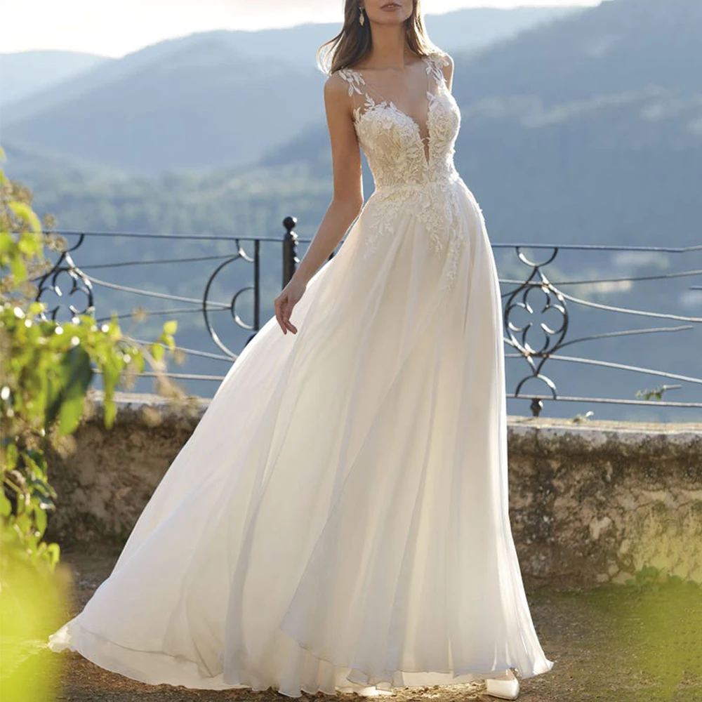 V-Neck Chiffon Applique Wedding Dress Sleeveless A-Line Floor Length Sweep Train with Buttons Illusion Tulle Back Bride Gowns