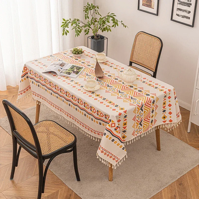 140cmx180cm TPU Waterproof Tablecloth Geometric Printing Rectangular Table Cloth With Tassel for Home Camping Picnic Party Decor