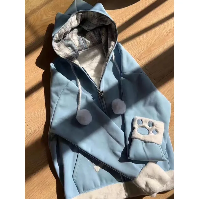 Subculture Y2k Black Cat Sweatshirts Autumn/Winter Plaid Kawaii Cat Ear Patchwork Hoodie Women Cute ChicTop Loose Casual Coat