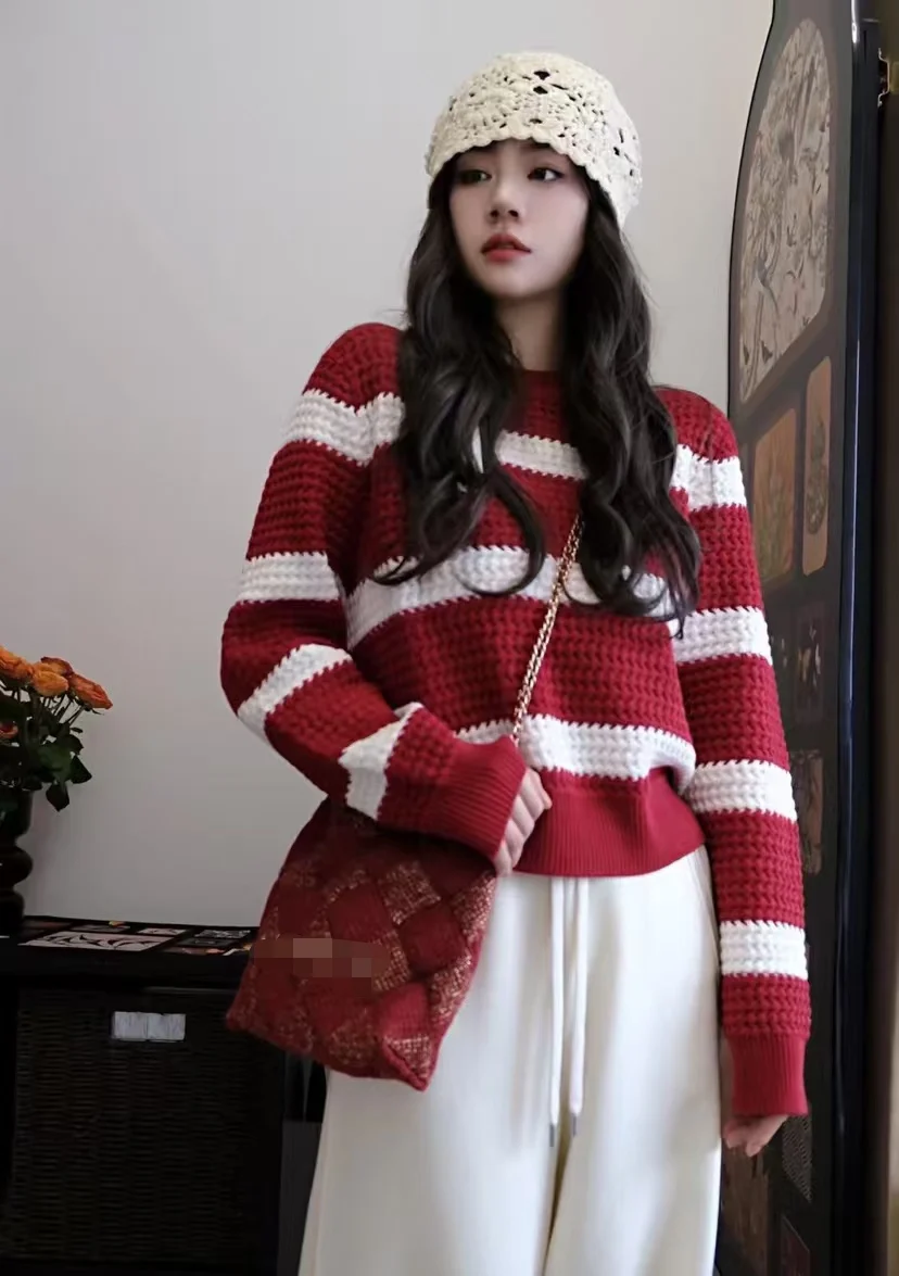 

Striped Sweater Comfortable Loose Fit Long Sve round Ne Warm Thermal Women's Knitwear Autumn Winter Commute Sle