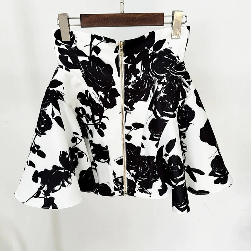 LEOSOXSSummer New Women's Fashionable Temperament Commuting Elegant Tulip Waistline Rose Metal Buckle Printed Short Skirt