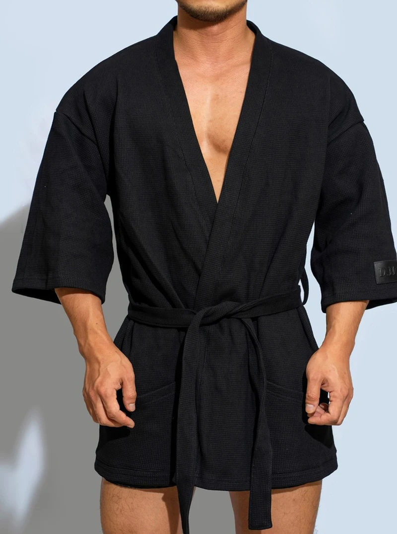 

Men's Bathrobe Short Style100% Cotton Solid Color Pajama Water Absorbing Casual Home Bath Robes