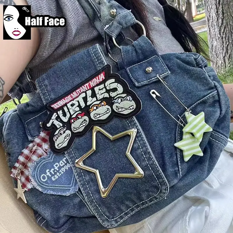 Y2K Spicy Girls Harajuku Women’s Gothic Punk Five Pointed Star Made Old Stickers One Shoulder Lolita Mini Washed Denim Bags Tote