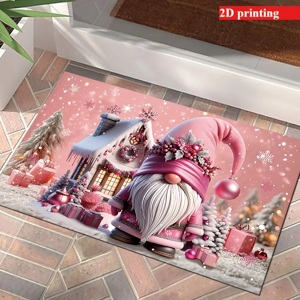 VIKAMA Pink Christmas Gnome Doormat Non Slip Washable Welcome Rug for Front Porch Living Room Indoor Outdoor Holiday Decor