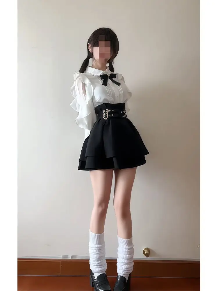 

NONSAR Japanese Gothic Y2k Lolita Skirt Sets Women Sweet Bow Ruffles White Shirt Black Mini Skirt Female Fashion Slim Outfits