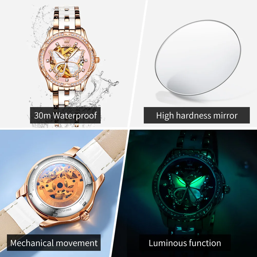 OLEVS 6622 Women's Mechanical Wristwatch Luxury Hollowed Diamond Butterfly Dial Original Automatic Watches Elegant Ladies Watch