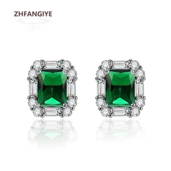 Fashion Earrings for Women 925 Silver Jewelry Rectangle Emerald Zircon Gemstone Stud Earrings Wedding Bridal Party Accessories