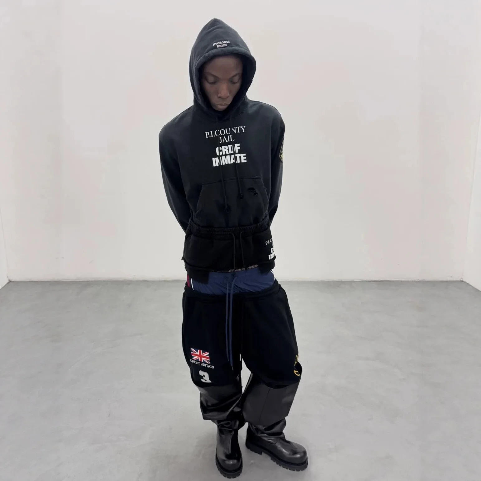 Grailz Patchwork Design Waist-Skimming Printed Two-Sided Logo Denim Hooded Sweatshirt for Men Protocol Index