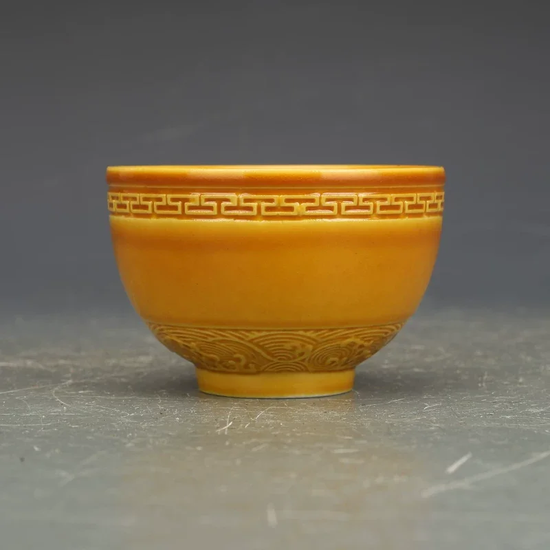 Daqing Yongzheng scorched yellow glaze carved cup antique porcelain antiques and curios,Free Shipping