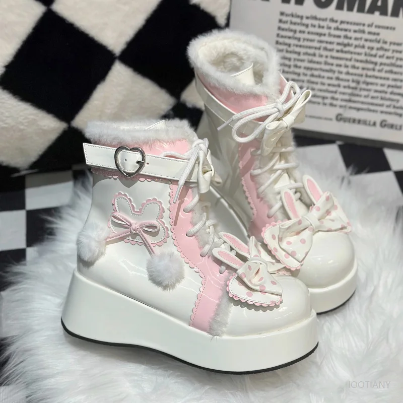 Doce lolita estilo botas de neve de inverno cosplay estudante feminino bonito pelúcia quente bolinhas coelho orelha velo-forrado sapatos plataforma 2026