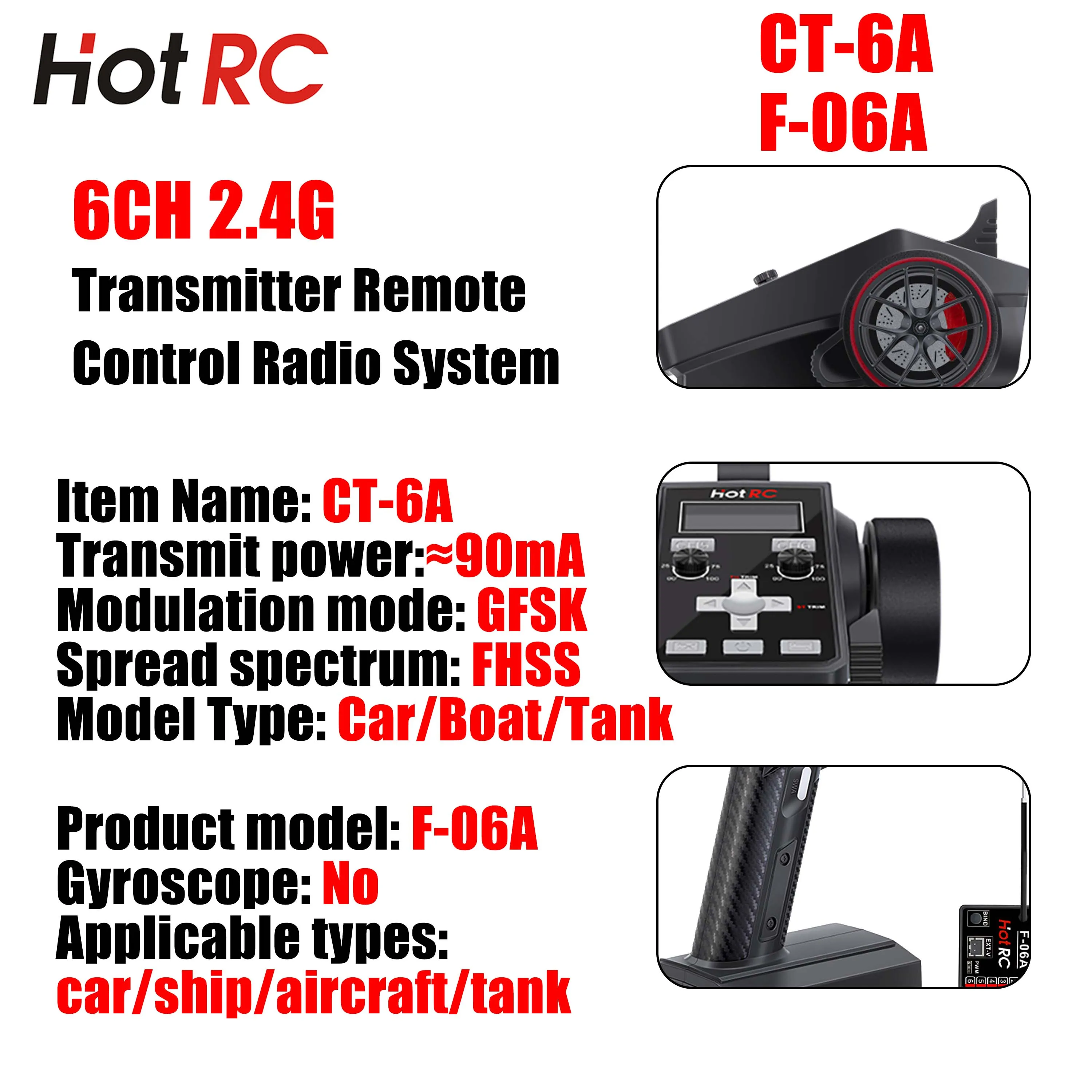 

HotRC CT-6A 6CH 2.4G Remote Control Transmitter F-06A Receiver 4-9V Radio System for RC Model Car Boat Tank Crawler TRX4 SCX10