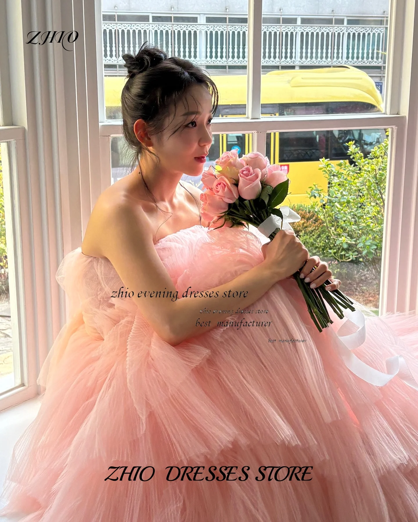 فستان ZHIO ذو طبقات وردية حالمة من التول لحفلات الزفاف الكورية بدون أكمام مشد مخصص بطول الأرض فساتين زفاف رومانسية للحديقة