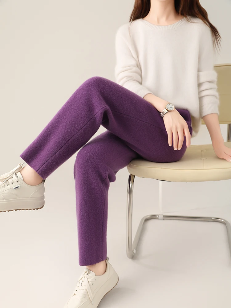 Women's Wool Pencil Pants Autumn Winter Office Lady Style Threaded Elastic Waist Trousers 100% Merino Wool Knitted Thicken Pants