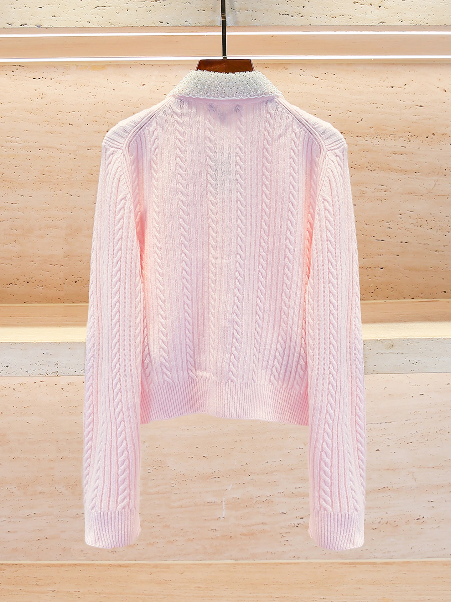 

M Home Nan You High End Women's Sweet Sle Knitted Cardigan Top Pearl Embellied Turn-down Collar Casual Commute Faion