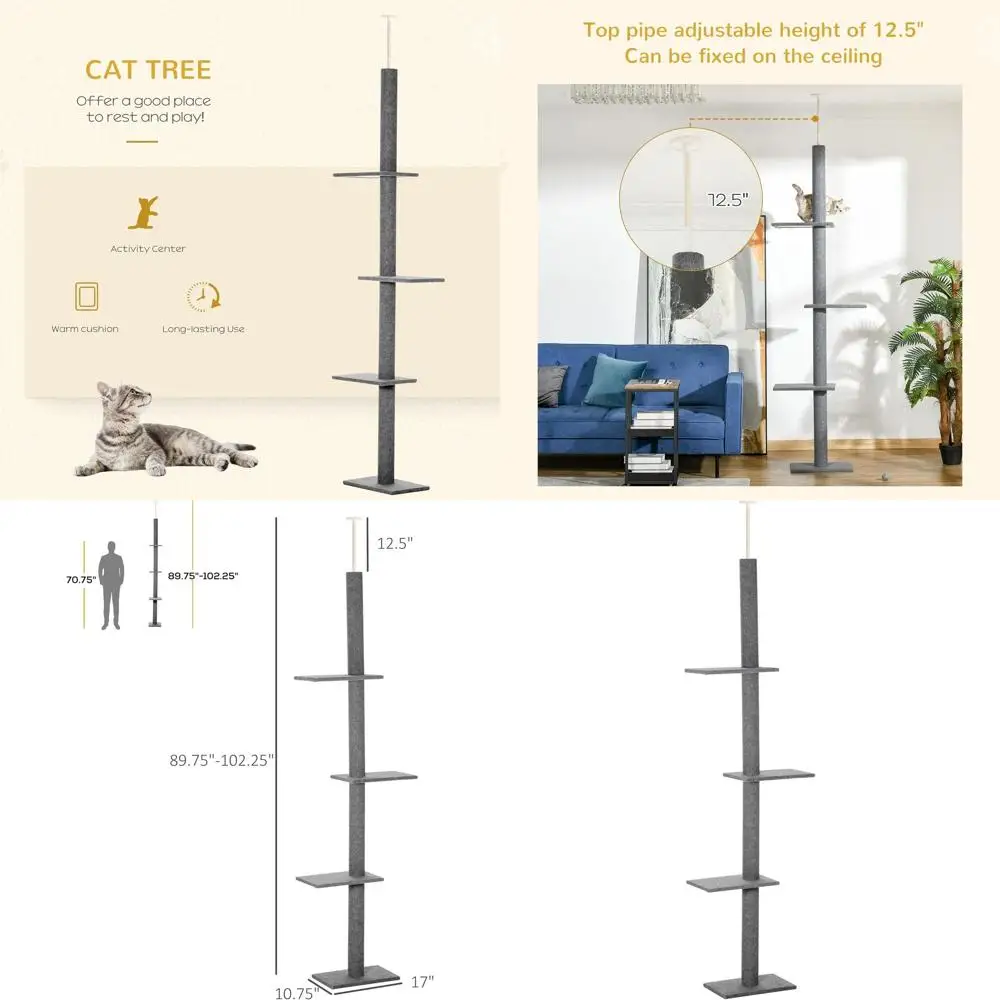 

Gray Adjustable Height Cat Tower with 4 Levels and Sisal Posts for Indoor Climbing