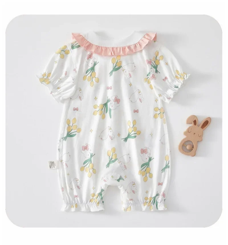 2026 New Summer Baby Rompers 0-24M Cartoon Bunny Flower Infant Clothes Girls Jumpsuit Korean Thin Ventilate Toddler One Piece