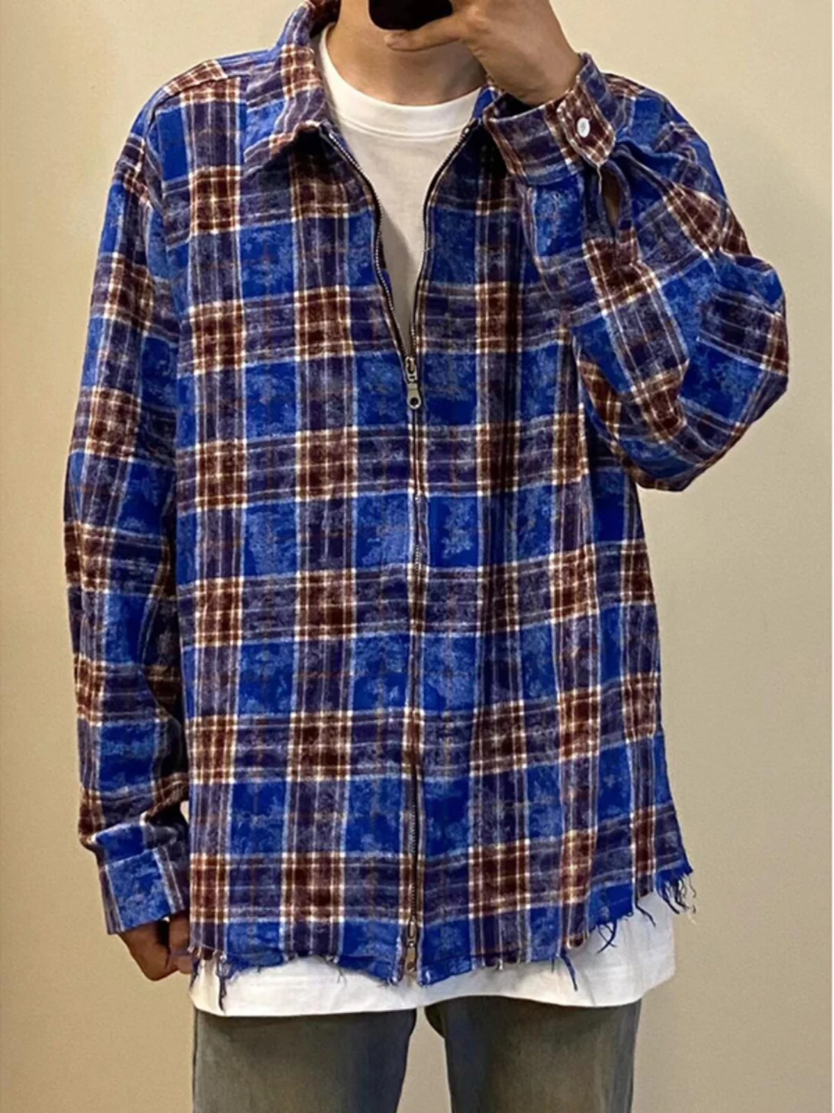 

Blue Plaid Long Sve Men's irt Autumn Tie Dye Design Loose Fit American Retro Plaid irt Jaet for Teenagers