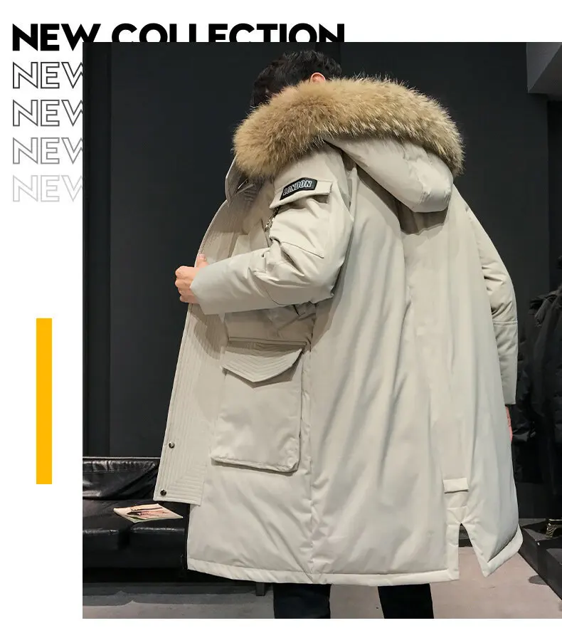 Men's Knee-Length Down Parka with Faux Fur Trim - Heavyweight Workwear Coat for Extreme Cold