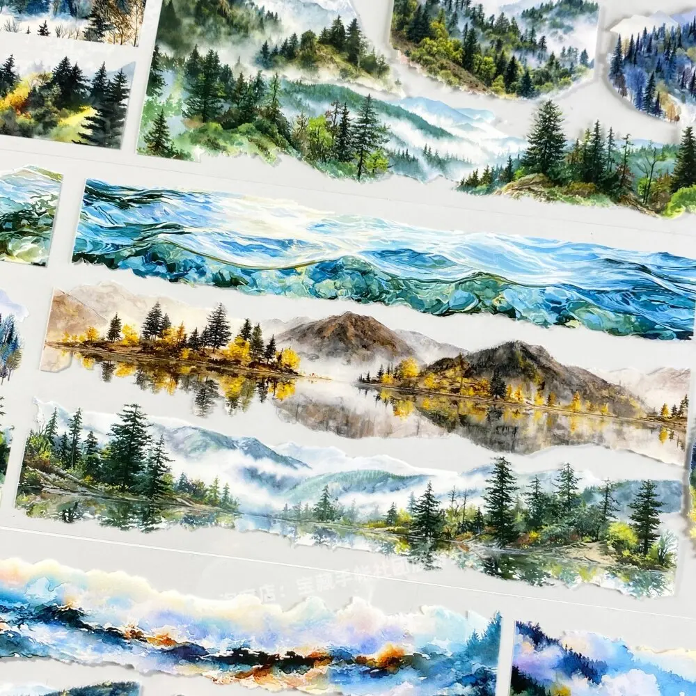 Mountain Mist Landscape PET Tape Sample, Ancient Chinese Style DIY Stickers for Journaling Scrapbooking Shaker Card Making