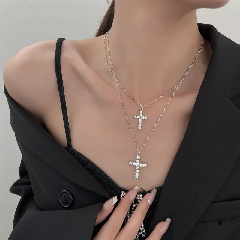 Simple Double Alloy Cross Necklace for Women Temperament Inlaid Zirconia Metal Collarbone Chain  Jewelry Accessories 2023 Trend