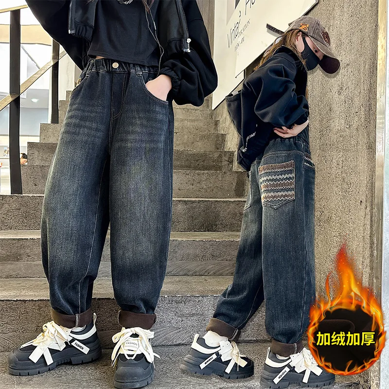 أزياء الفتيات صوف مبطن الجينز الخريف الشتاء نمط جديد متوسطة إلى كبيرة الاطفال سميكة الدافئة سراويل جينز ملابس الأطفال #2