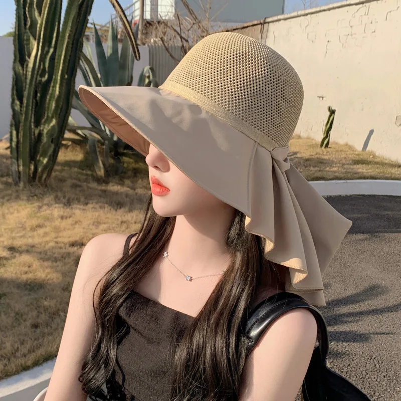 Summer Women Bucket Hat with Shawl Breathable Beach Sun Cap Large Bowknot Ladies Wide Brim Face Neck Protection Visor Hat