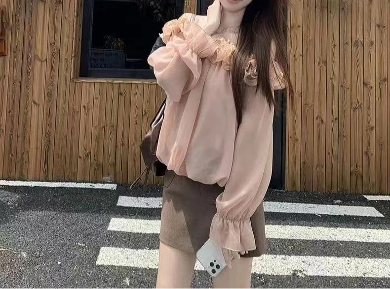 2025 New Long Sleeve Gentle Shirt Autumn One Line Pink Shirt Top New Product Concealing Meat