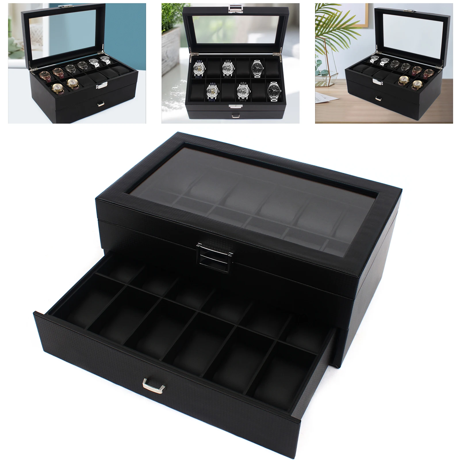 24-Slot 2-Layer Watch Box, Black Carbon Fiber Display Case with Drawer, Glass Top, Jewelry Organizer for Watches, Bracelets, Rings, Dustproof Gift
