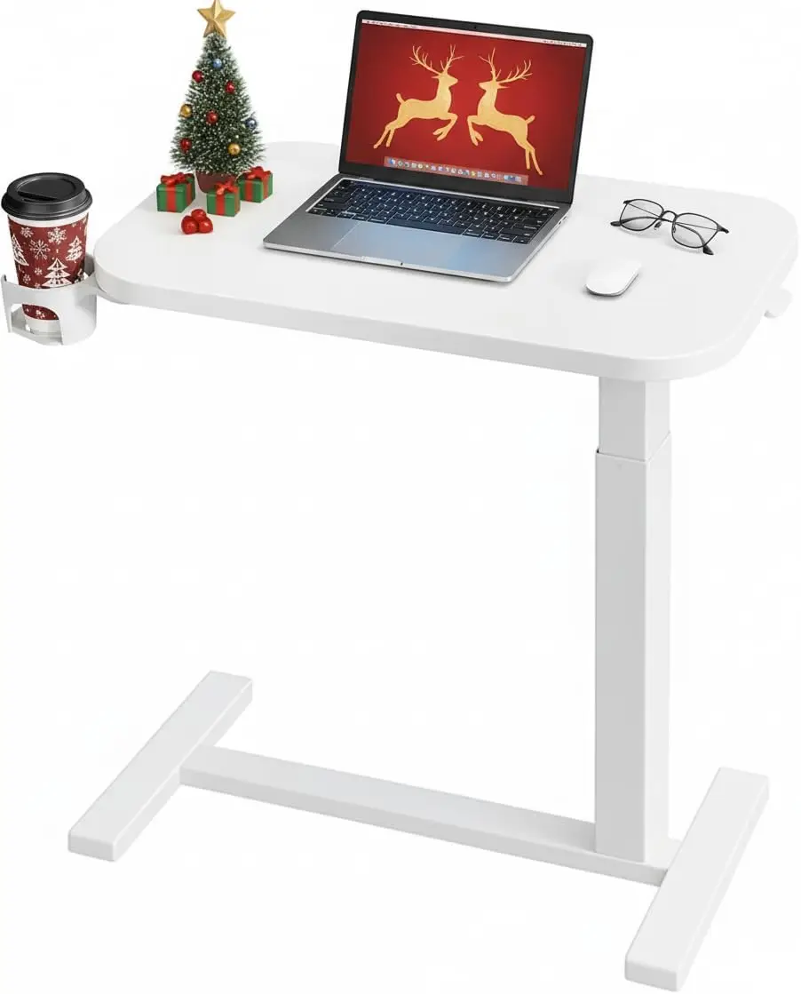 

28Inch Bedside Table with Wheels, Height-Adjustable Rolling Computer Cart, Overbed Table with Cup