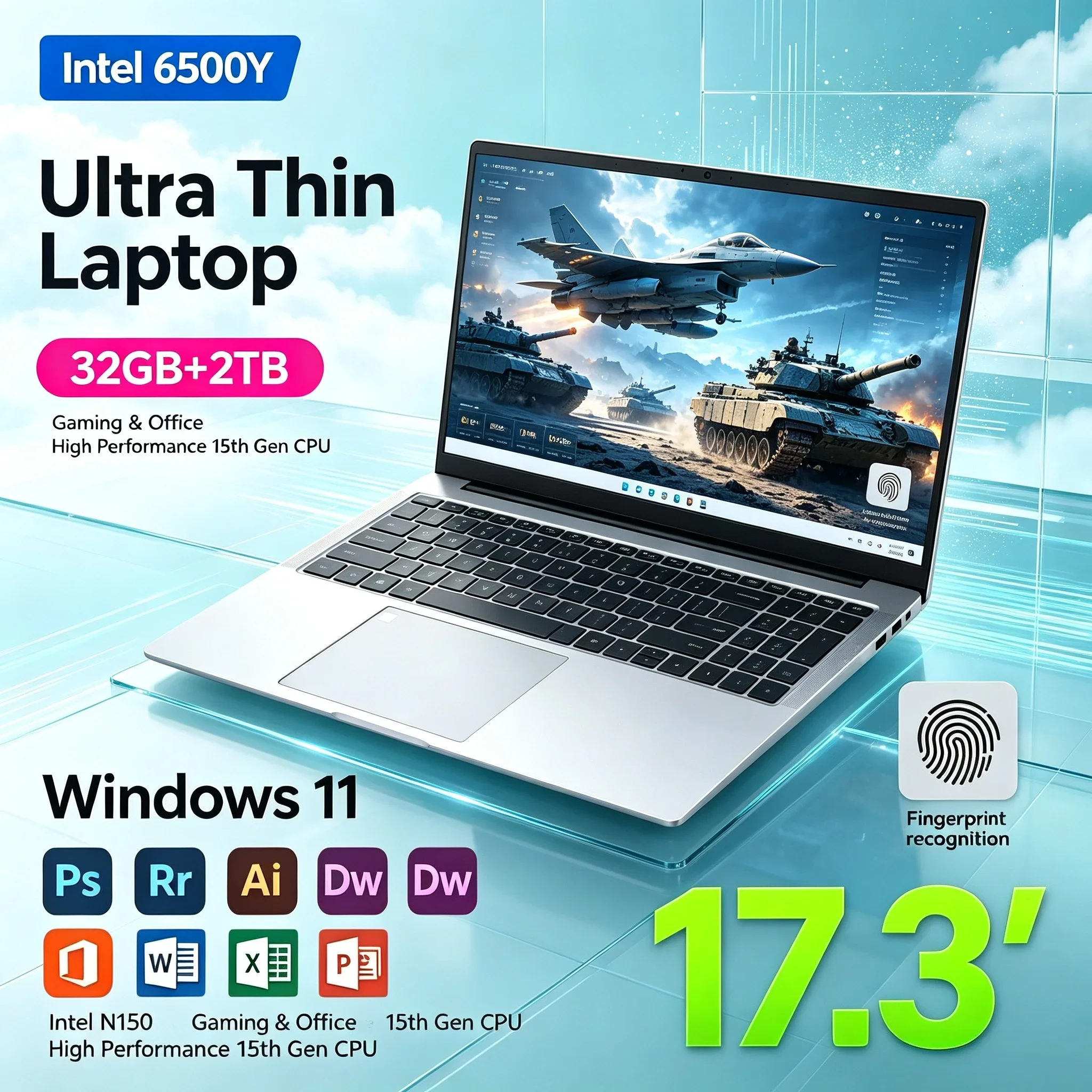 Portable Notebook 17.3'' Inch HD Screen Intel 6500Y 32GB RAM 1TB 2TB SSD Windows11 WiFi6 BT5.2 Laptop Daily Working Study Home