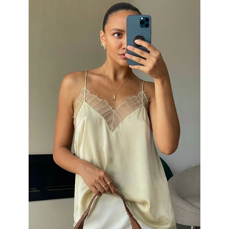 

BKQU Women Satin Lace Trim Cami Tops Silk V-neck Sleeveless Backless Elegant Lady Y2k Loose Strap Tank Tops Party Streetwear