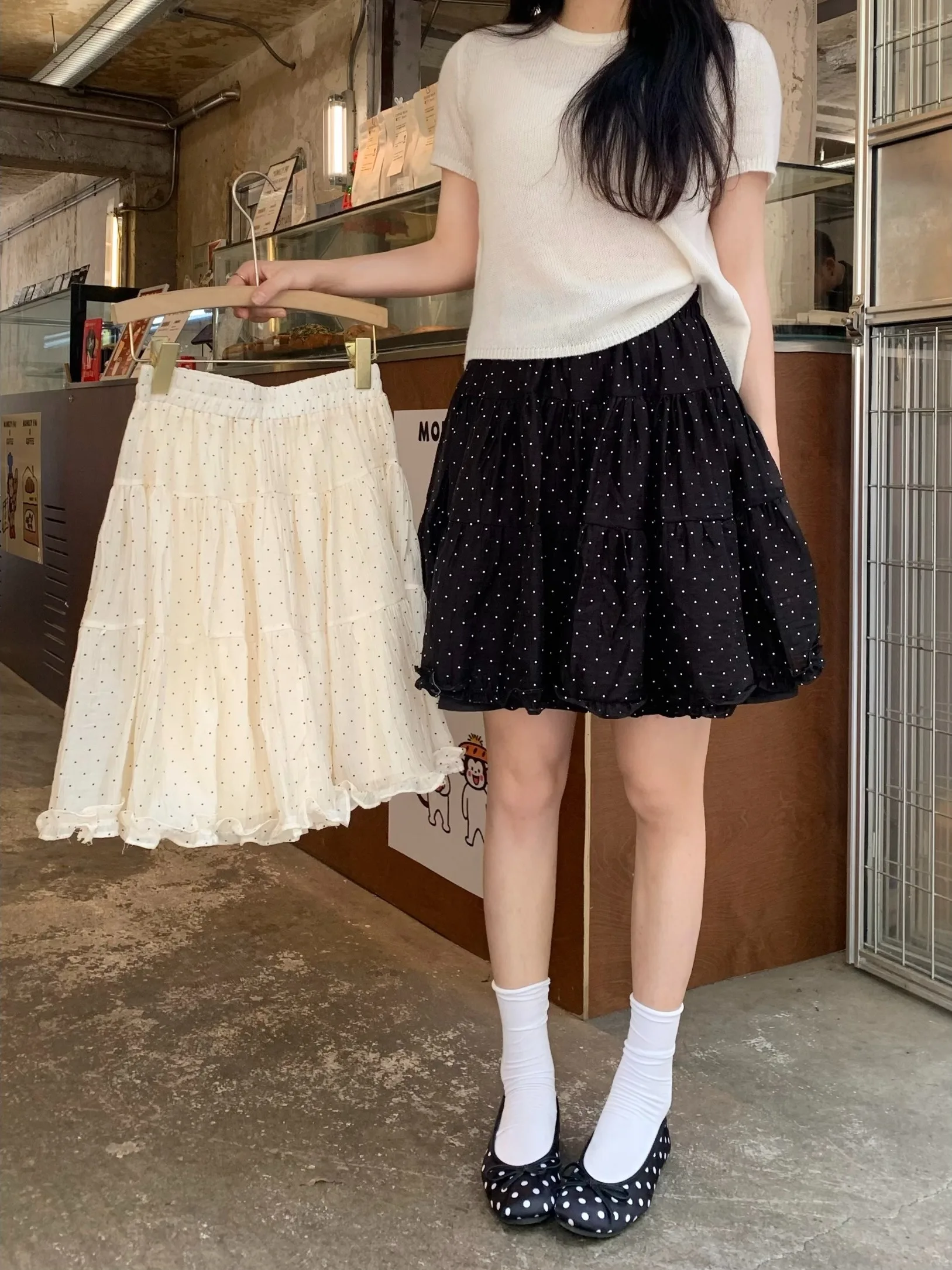 

High Waist A-Line Skirt Women's Summer Polka Dot Gored Skirt Flared Silhouette Korean Style Commute Folded Design