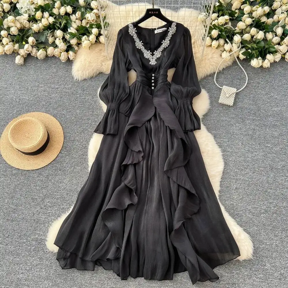 Elegant Chic lace Edible Tree Fungus rhinestone V Neck Dress Party A-line High Waist Basic Autumn Vintage Evening Dress Clothing