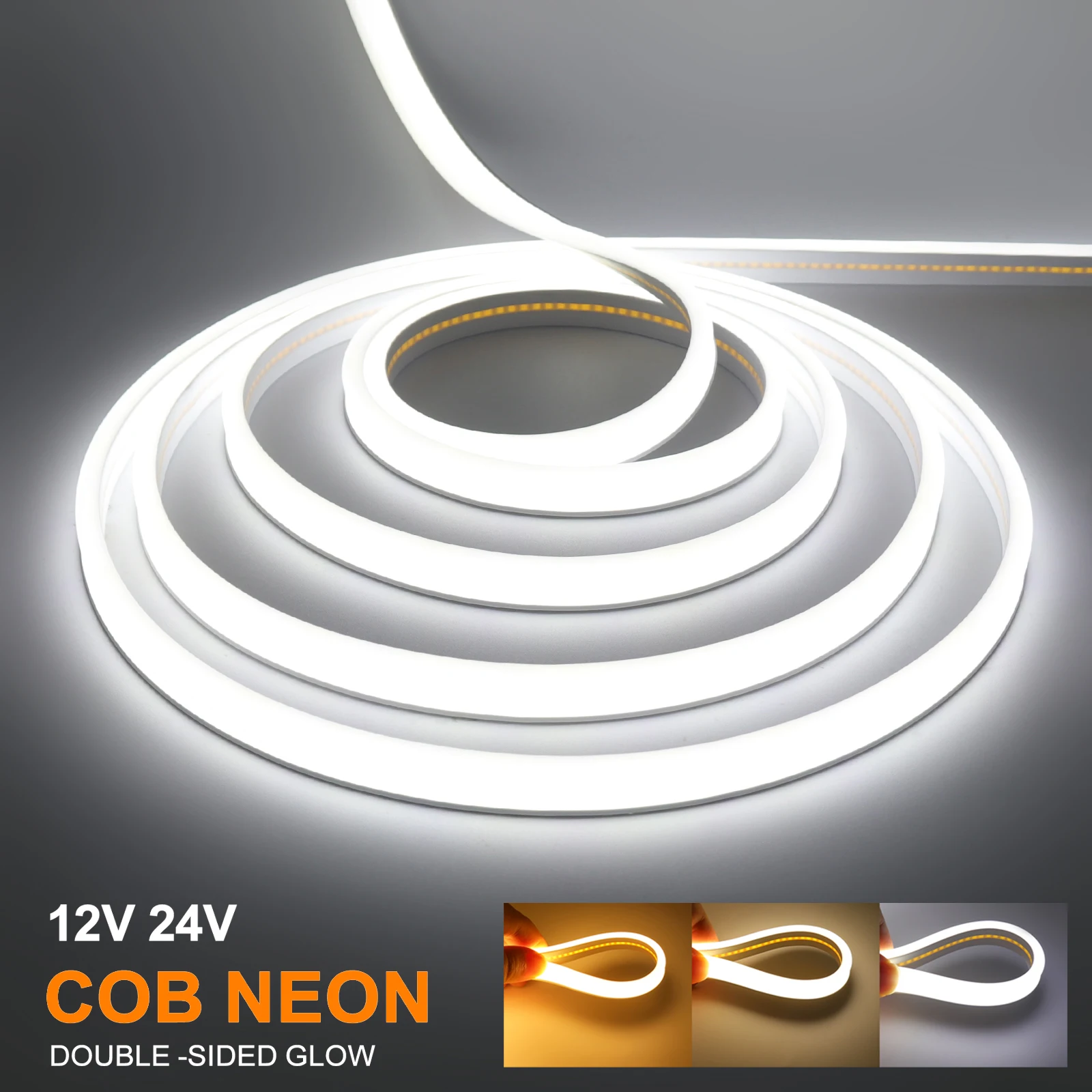 Tira de neón COB de alto brillo, cinta Flexible de 12V y luces LED de 24V CC, 320Leds/m, 3000K, 4000K, 6000K, resistente al agua IP67