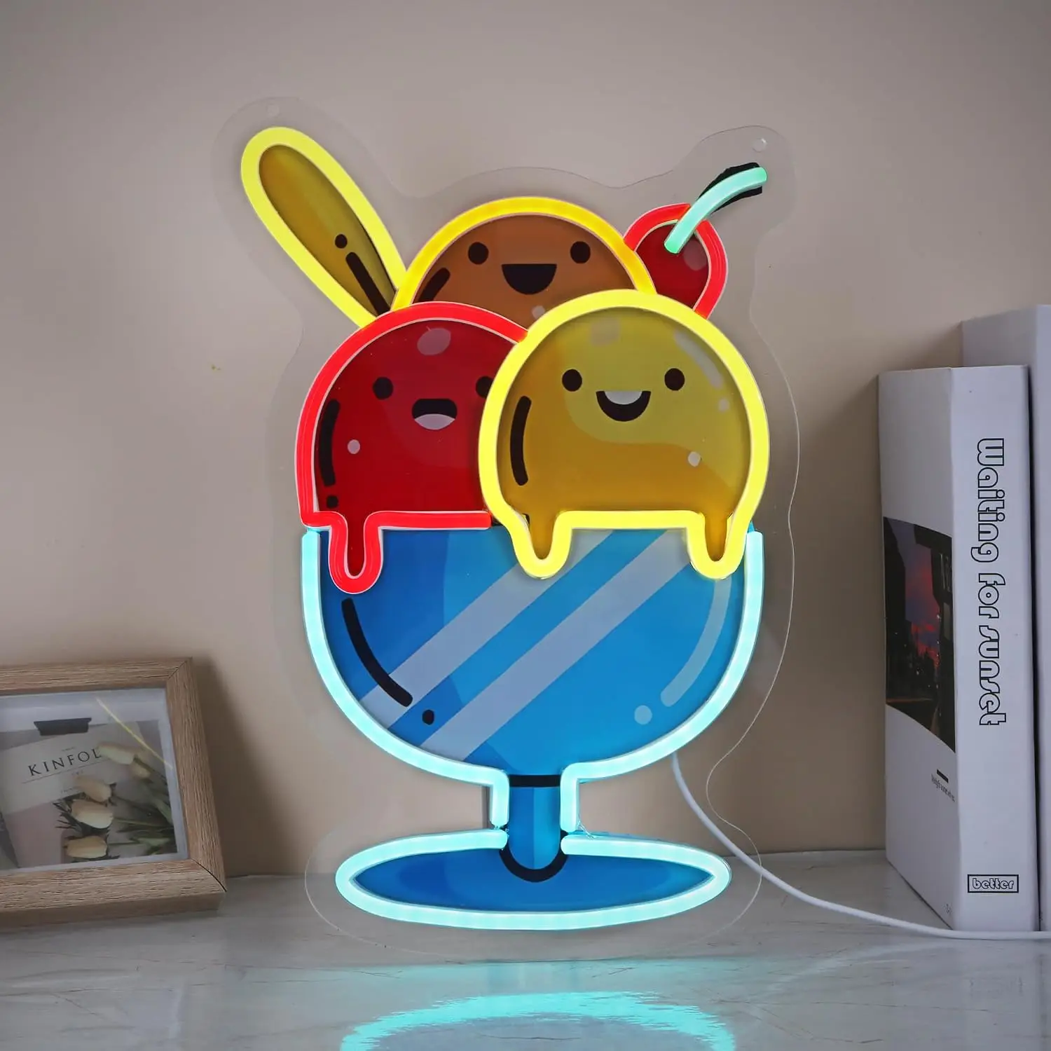 Cute Ice Cream LED Neon Sign USB Powered Neon Light Wall Decor Christmas Gift for Bedroom Cafe Shop Kids Room Art Wall Neon Lamp