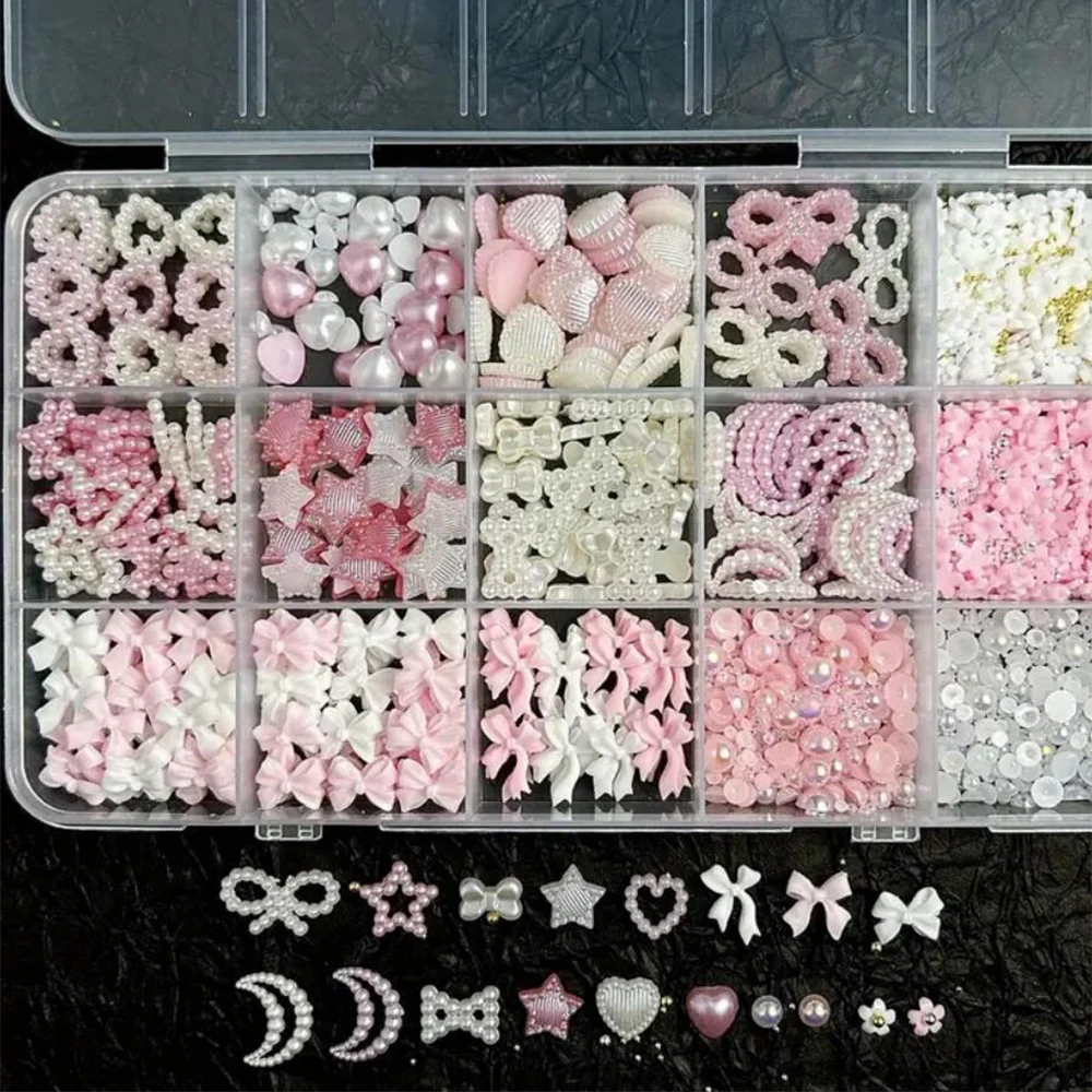 15 grille/boîte 3D acrylique blanc et rose mélange Styles coeur étoile arc ongles breloques mixte Flatback perles strass pour bricolage Nail Art Decorat