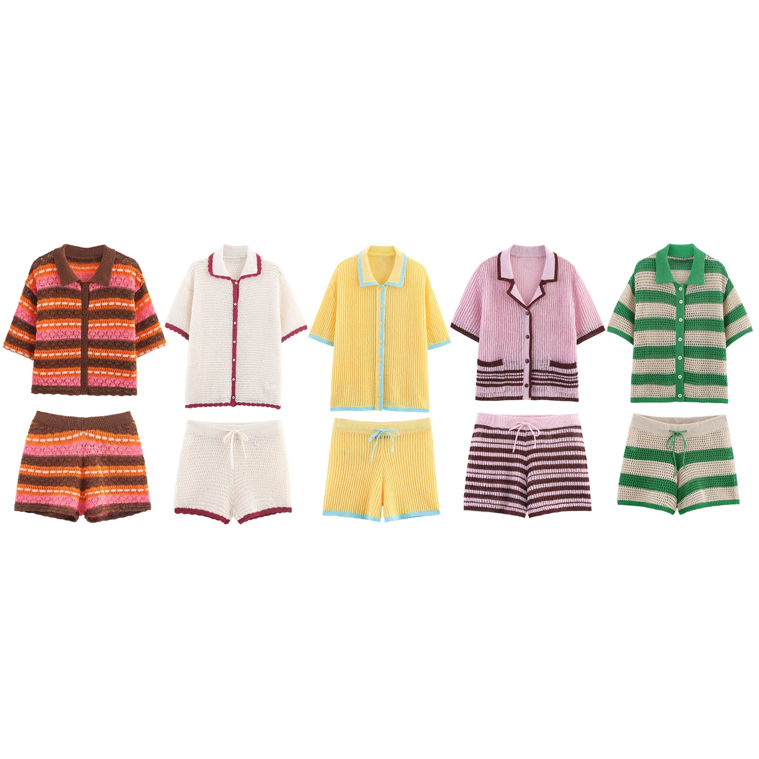 

TRAFZA Chic Y2K Yellow Casual Patchwork Knit Women Suits Polo Knitwear+Lace-up Mini Shorts Fashion 2025 Streetwear Mujer Sets
