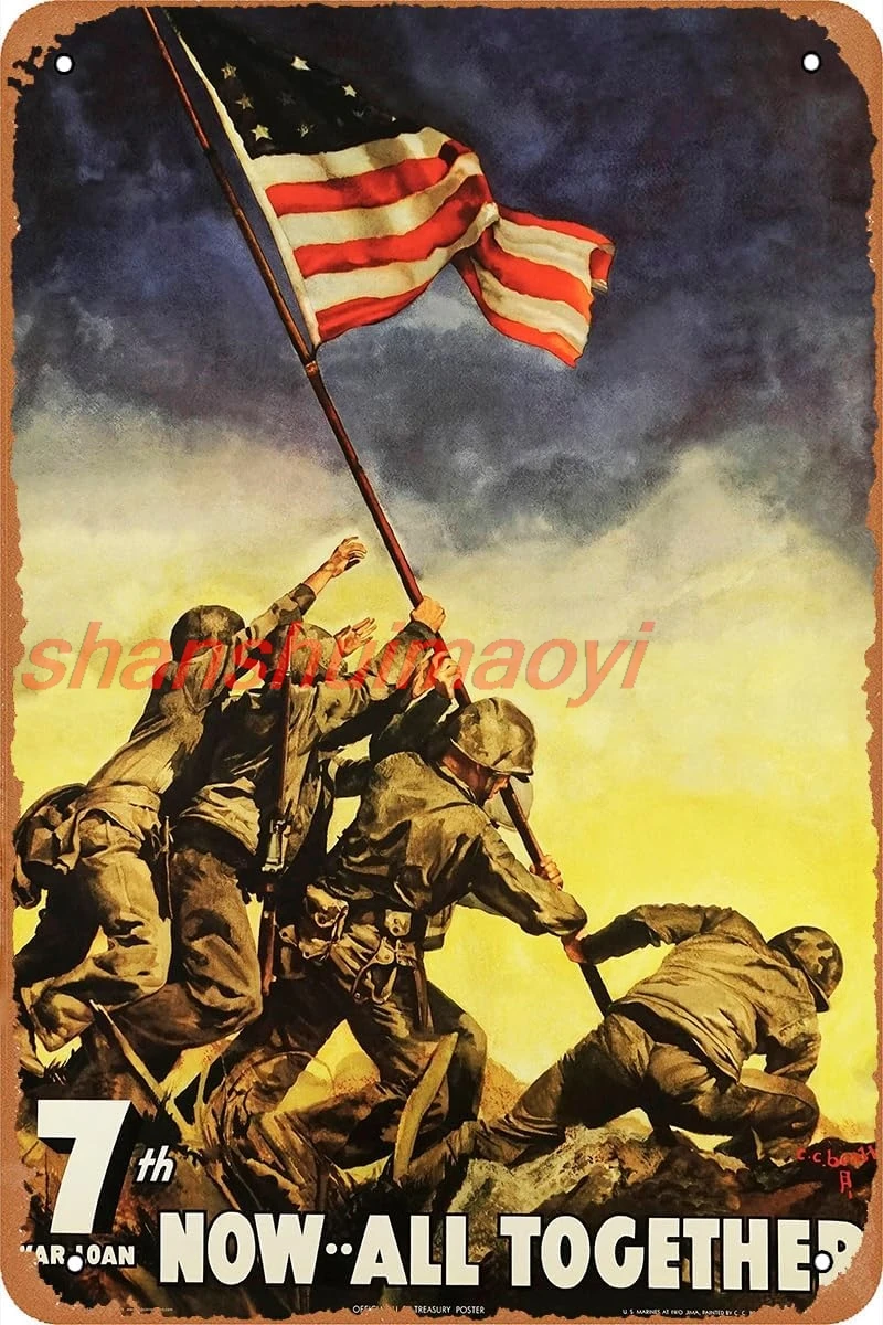 Now All Together WWII USA Military Propaganda Poster Vintage Tin Sign for Cafe Bar Man Cave Garage Home Wall Art Decor Gift SHAN