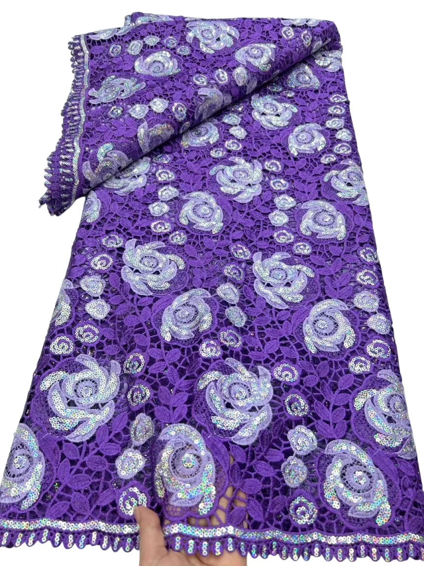 

Роскошное африканское водорастворимое кружево 5 ярдов гипюрового шнура с цветочным кружевом 2025 Newe нигерийское кружево с блестками для женщин Вечернее платье