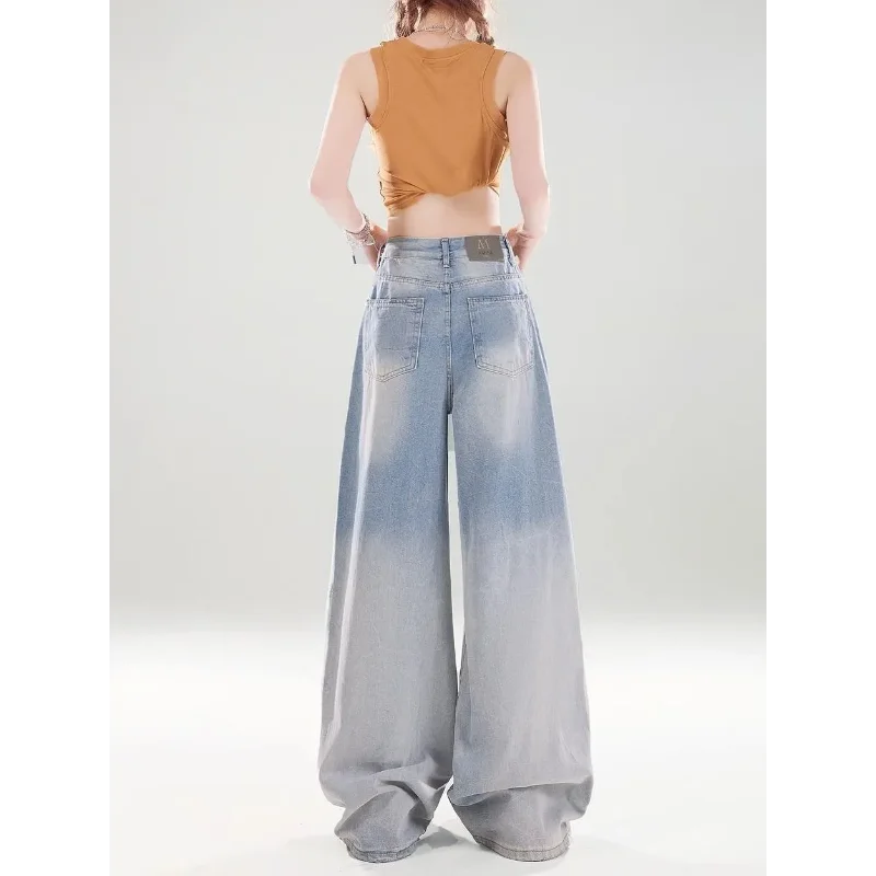 

Women High Waist Wide Leg Jeans Ombre Wash Loose Fit Denim Pants