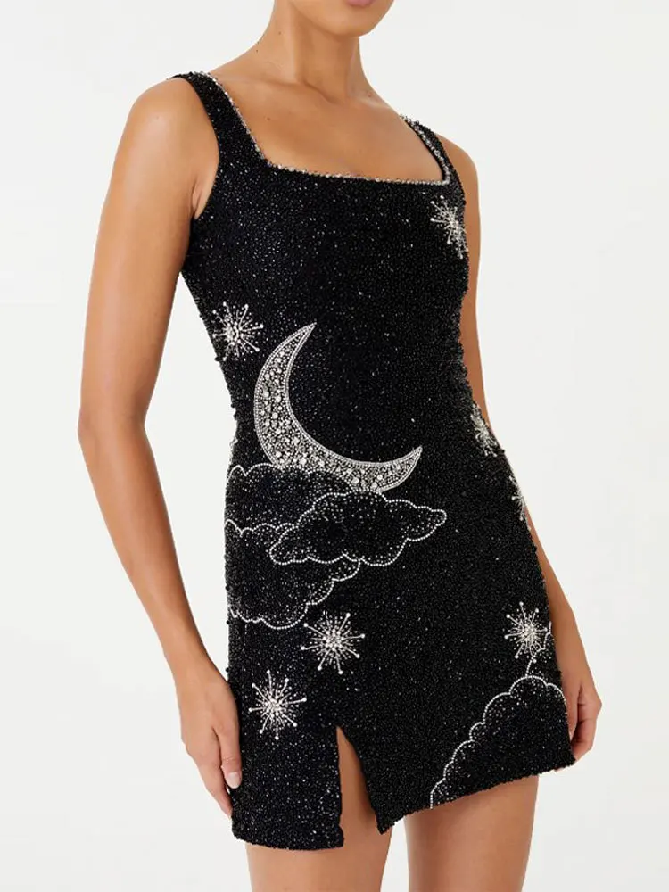 Women Fashion Sequins Printed Suspender Mini Dress Sexy Shiny Sleeveless A-line Vestidos Female Elegant Party Club Evening Robe