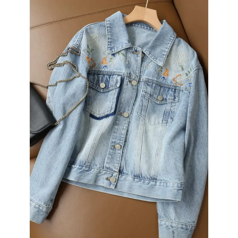 

Coat Women Denim Coats Casual Embroidery Turn Down Collar Y2k Streetwear Jackets Work Splice Jacket 2025 Autumn Winter