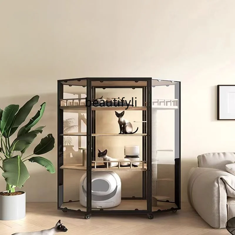 

Luxury Cat Cage Cat Villa Solid Wood Panoramic Display Cabinet Glass Integrated Display Large Household