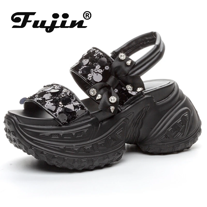 Fujin 8cm Synthetic Women Casual High Platform Wedge Sandals Elastic Summer Brand Bling Peep Toe Shoes Fashion Slippers Hollow